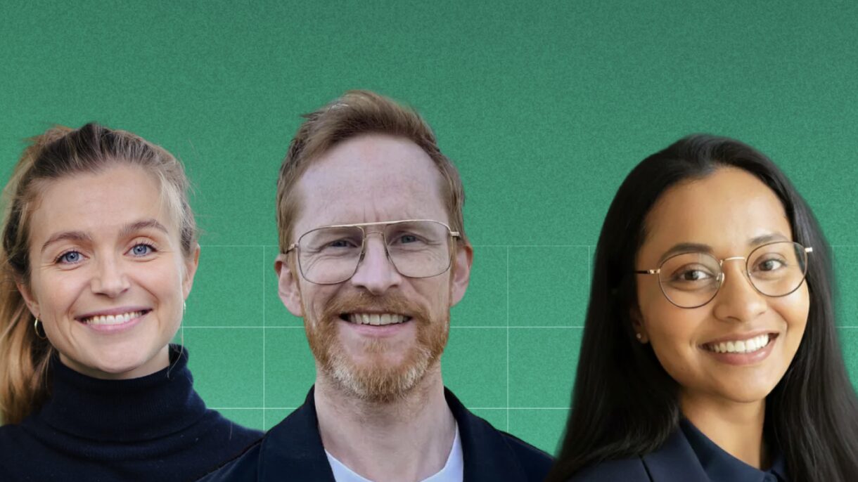 Portrett av to kvinner og en mann. Fotocollage.