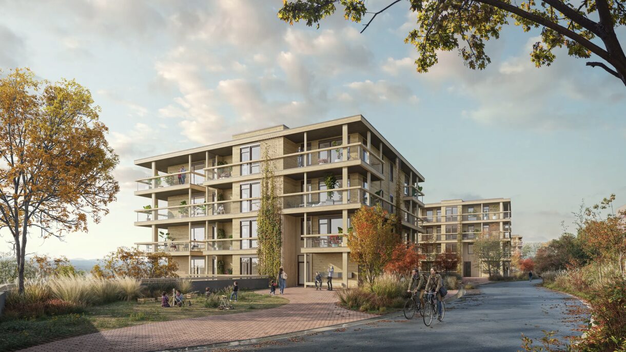Boligblokker og sykkelvei. Rendering