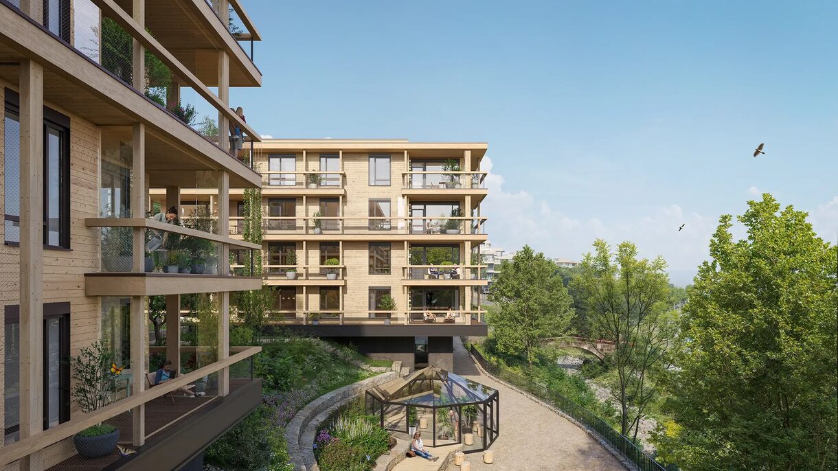 Boligblokker og grøntarealer med veksthus. Rendering
