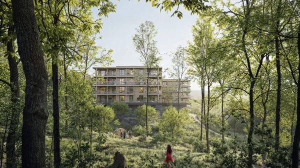 Boligblokk og tilstøtende skog. Rendering