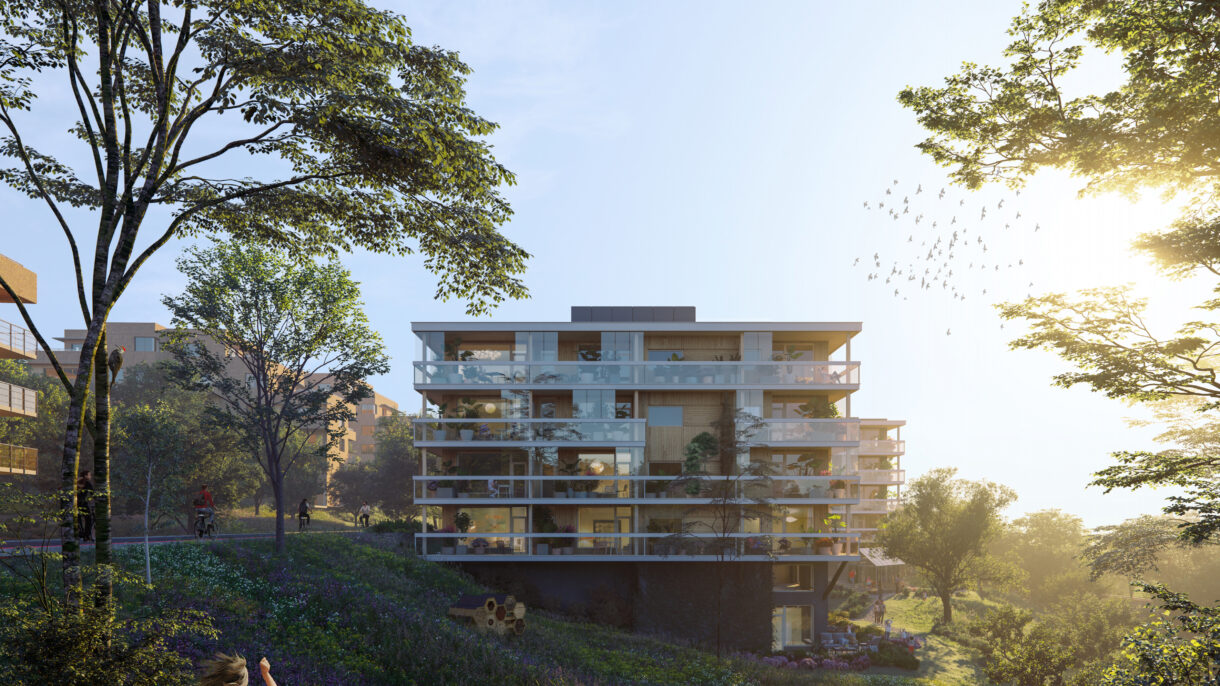 Boligblokk og park. Rendering.