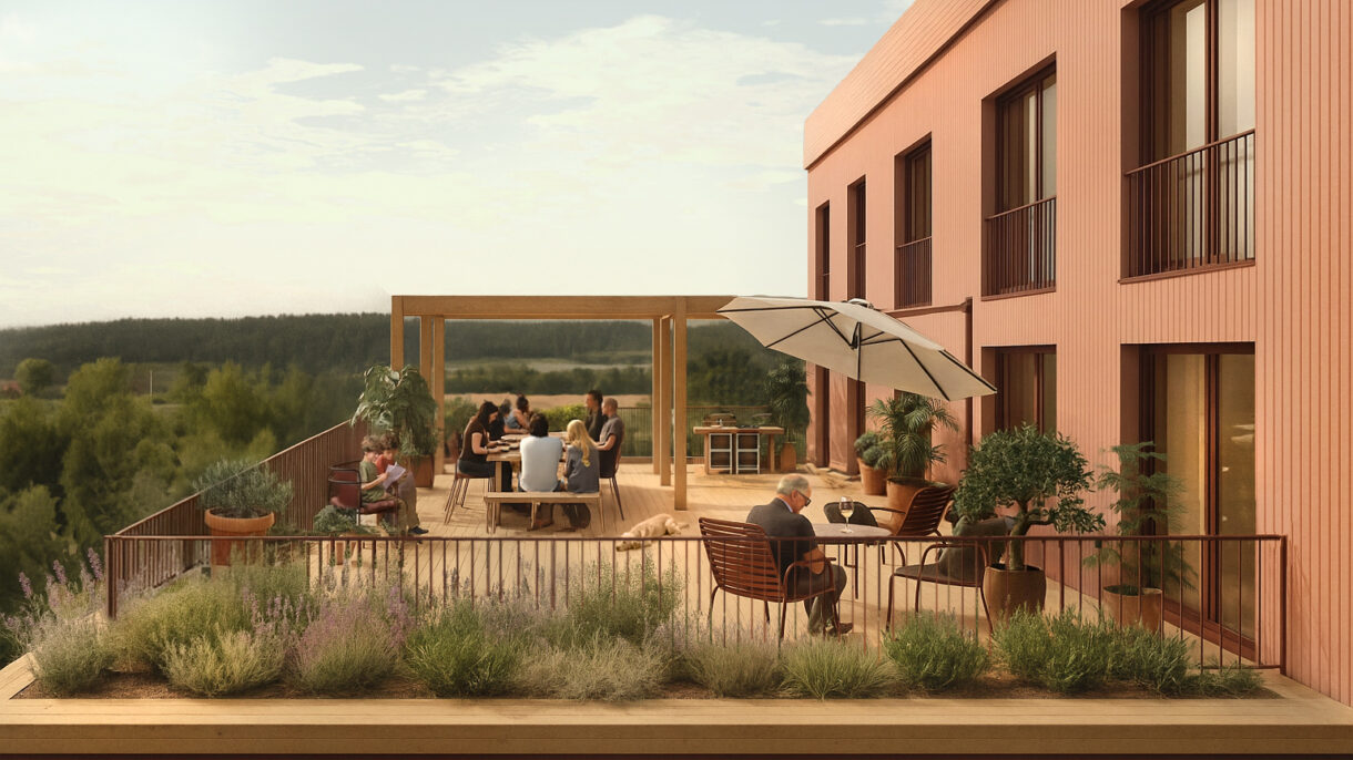 Terrasse med folk og utsikt