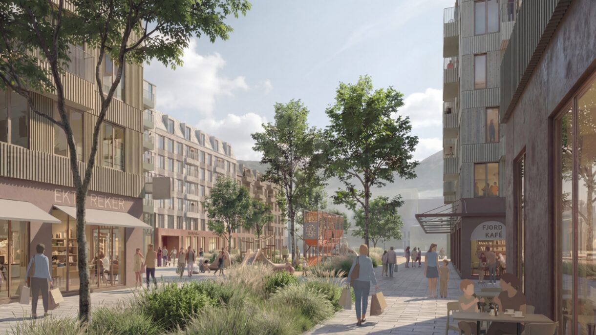 Gatemiljø med folk og vegetasjon