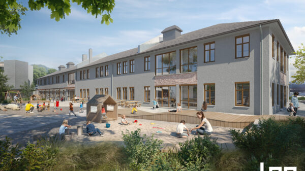 Barnehage med lekende barn. Rendering.