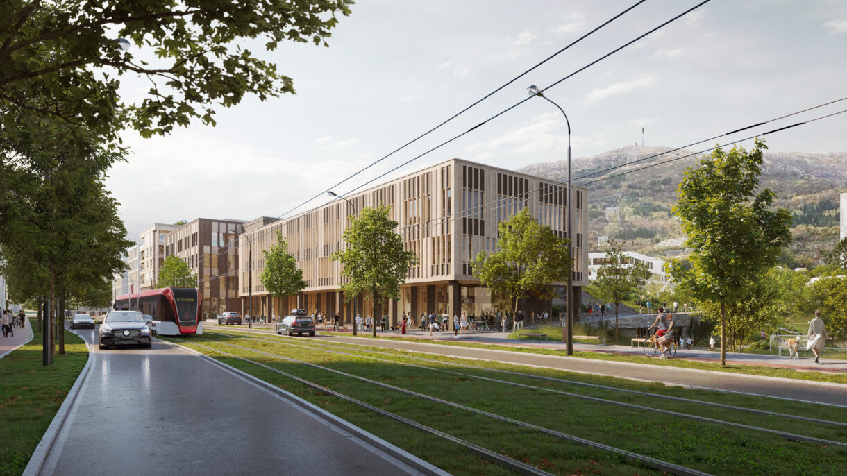 Vegbane, trikkeskinner og bygg. Rendering.