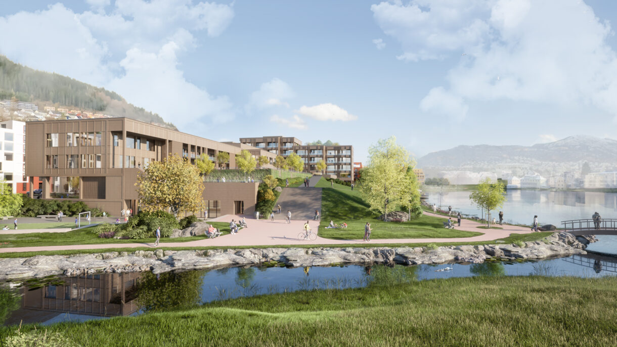 Bygg, gangsti og vann. Rendering.
