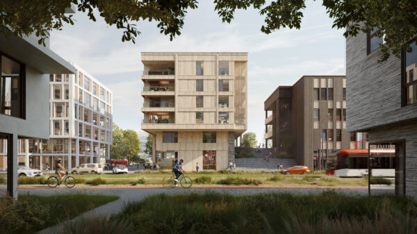Bygg og syklist. Rendering.