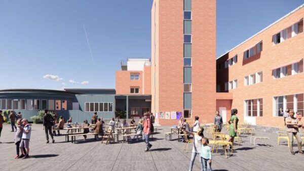 Forplass. Flytårnet og folk. Rendering.