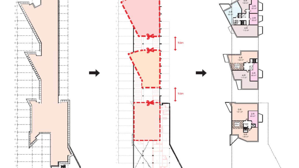 Plantegning av tre bygg. Illustrasjon.