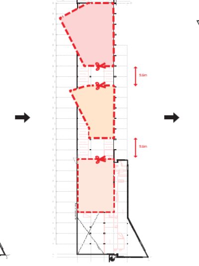 Plantegning av tre bygg. Illustrasjon.