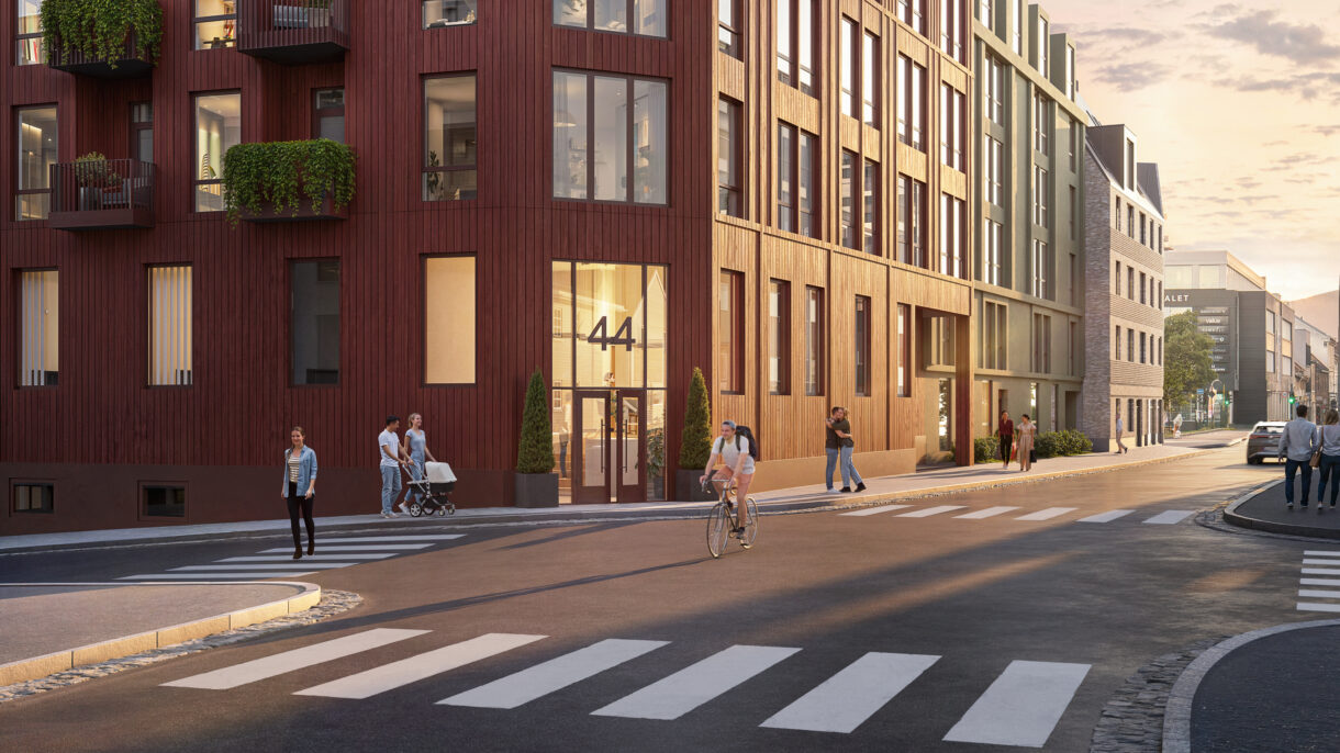 Boligblokk sett fra gaten. Illustrasjon.