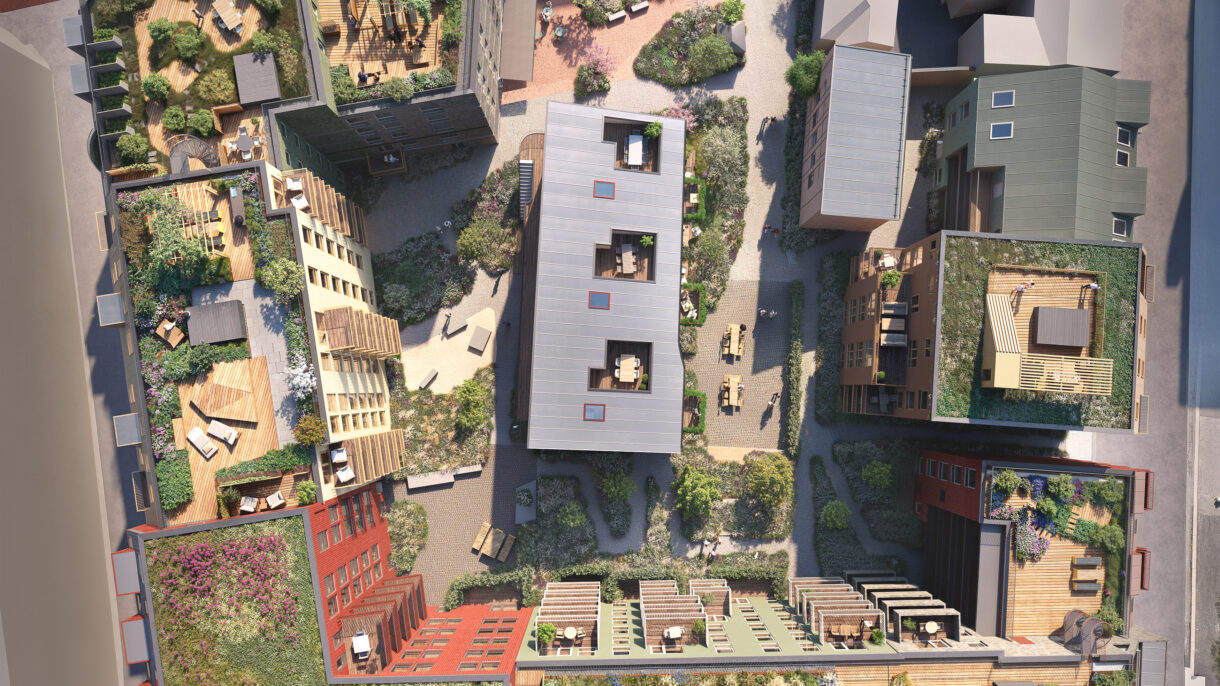 Boligprosjekt med bakgård og takterrasser sett i fugleperspektiv. Illustrasjon.