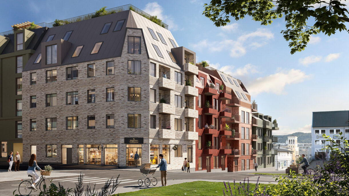 Rendering av planlagt situasjon i boligprosjektet B62. Sett fra Gjetergata.