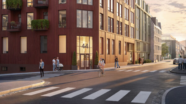 Boligblokk sett fra gaten. Illustrasjon.