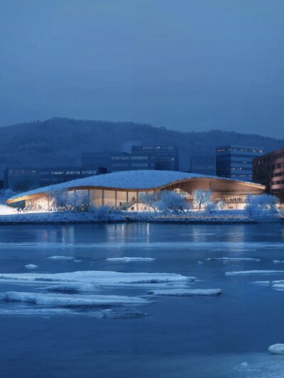 Bygg sett fra elv med isflak og med ås i bakgrunnen. Illustrasjon.