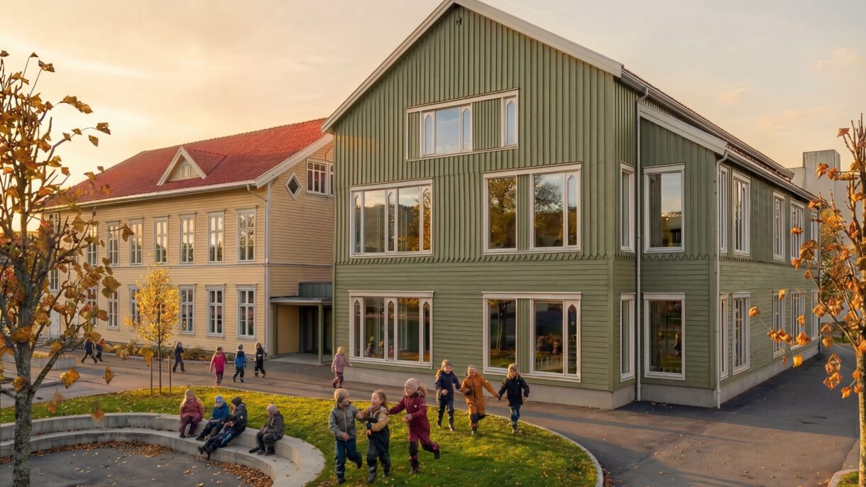 Skolebygg og lekende barn. Illustrasjon.