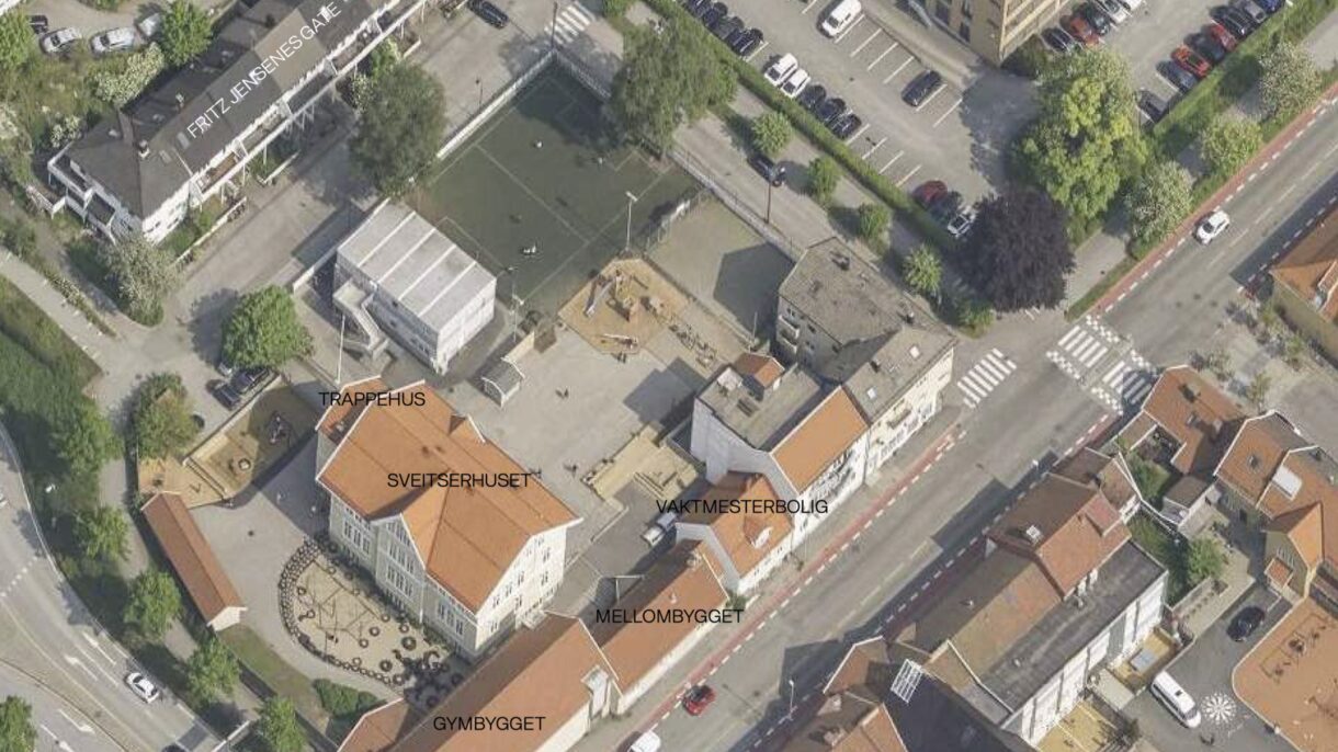 Tordenskjoldsgate skole i fugleperspektiv. Dronefoto.