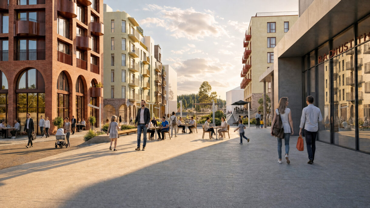 Gågate med folk og bygg. Rendering