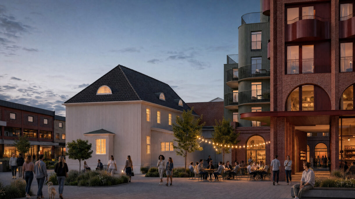Kvartal S7. Hotell og arkade. Kveldsbilde. Rendering.