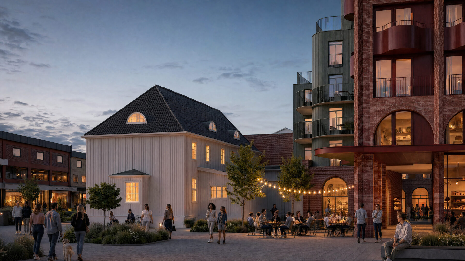 Kvartal S7. Hotell og arkade. Kveldsbilde. Rendering.