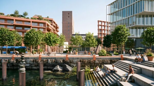 Havnefront Filipstad. Folk. Sittetrapp. Vegetasjon og nybygg. Rendering.