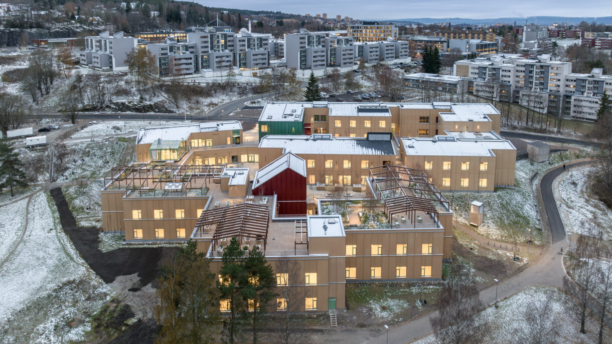 Vinterbilde av Furuset hageby sett fra luften.