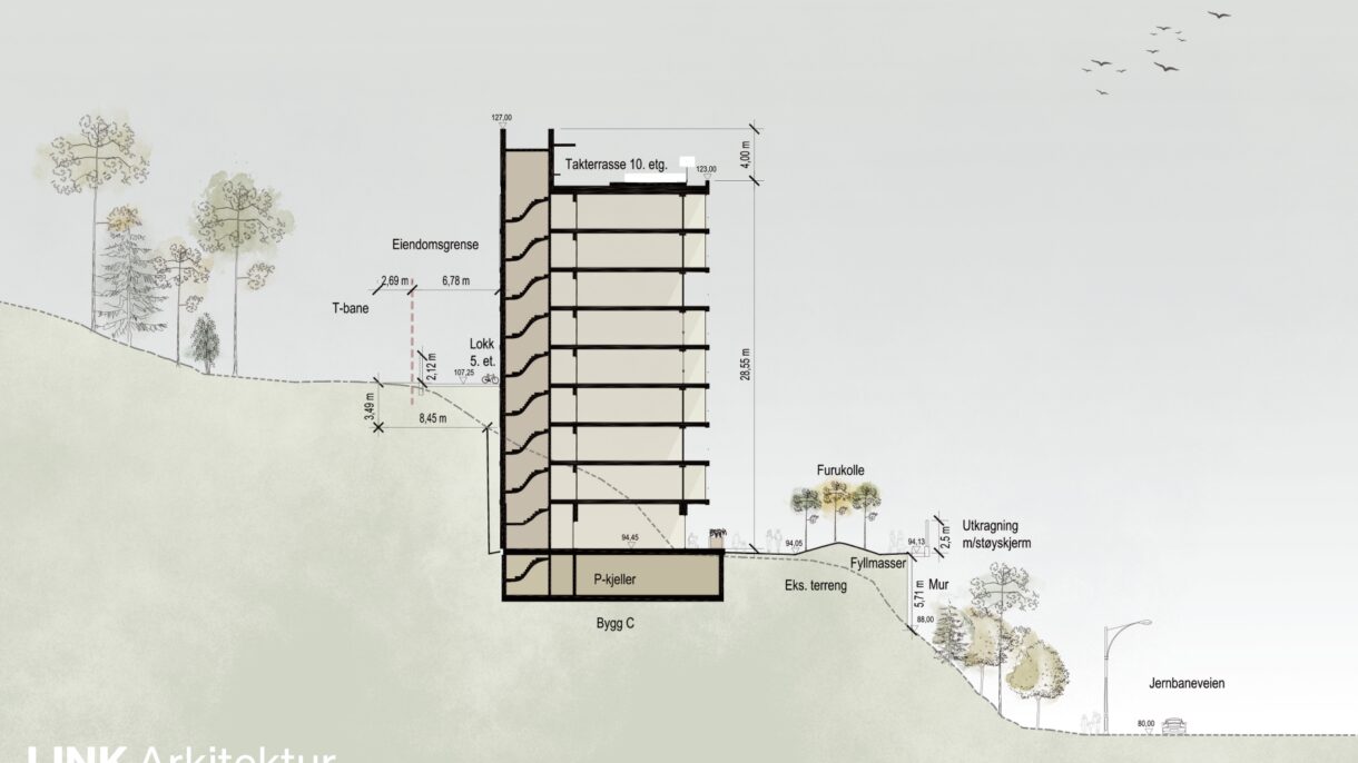 Snitt-tegningen som viser hvordan byggene er innpasset i bratt terreng.
