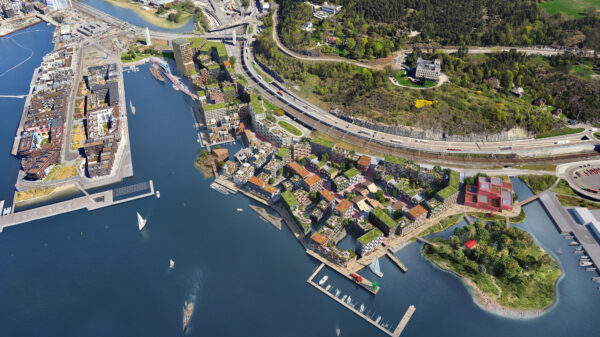 Havenområde med boliger, grøntareal og havnepromenade. Rendering.
