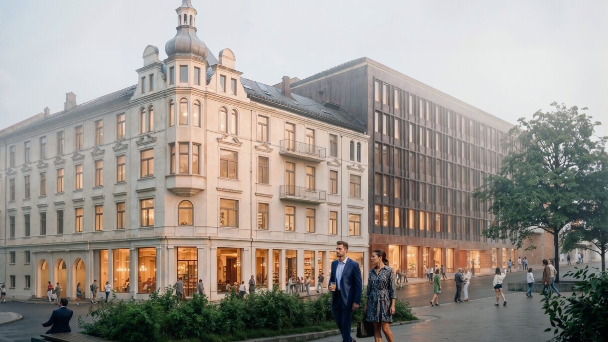 Gateløp med kontorbygg med folk i forgrunnen. Rendering