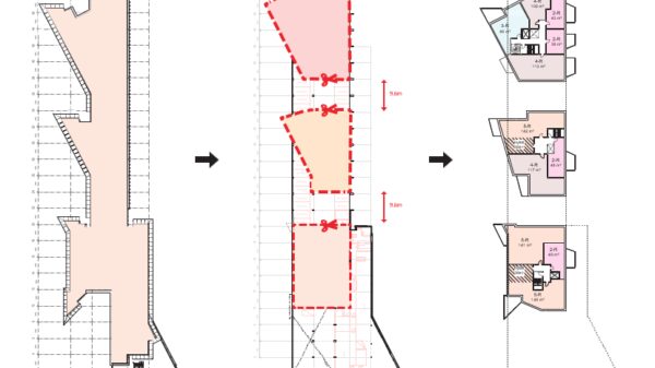 Plantegning av tre bygg. Illustrasjon.