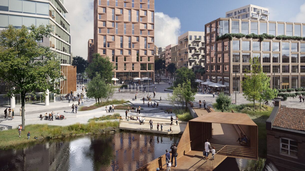 Rendering of planned situation with old and new buildings and the river Alna