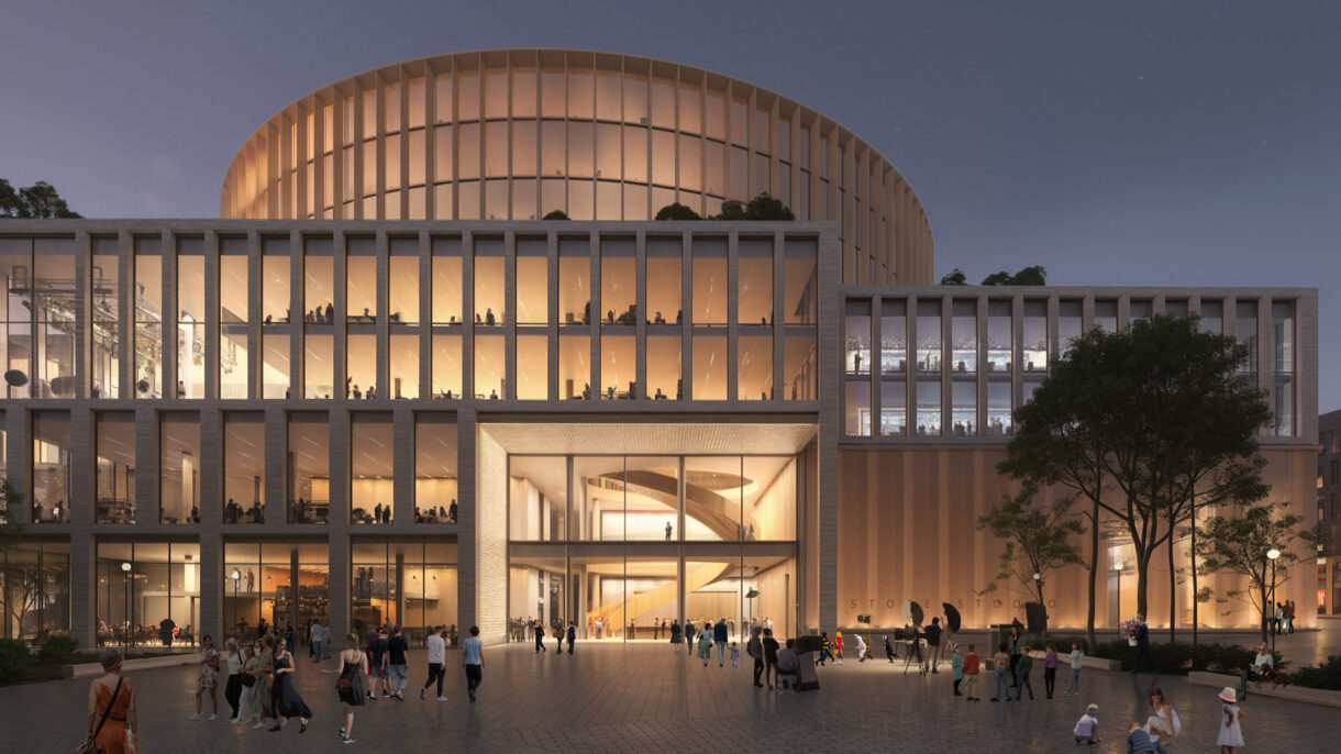 Kontorbygg. Kveld. Illustrasjon.