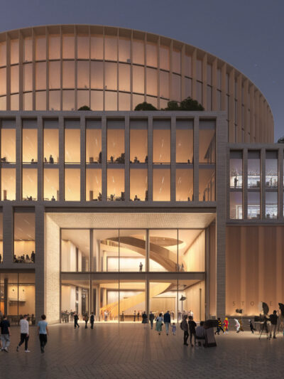 Kveldsbilde av kontorbygg sett mot hovedinngangen. Illustrasjon.