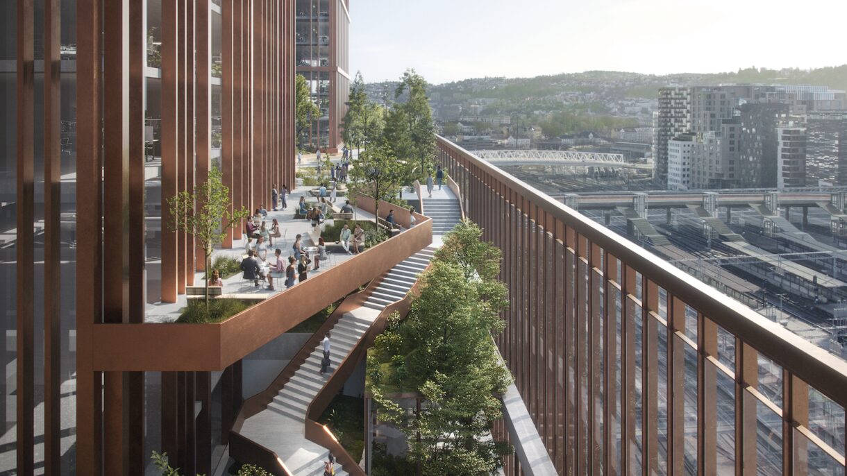 Ny grønn trappeforbindelse på østenden av bygget. Rendering.