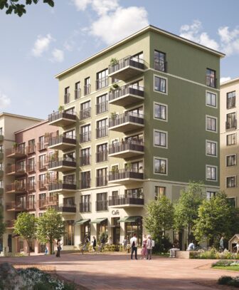 Rendering av boligblokker slik de planlegges i prosjektet Stovner Torg