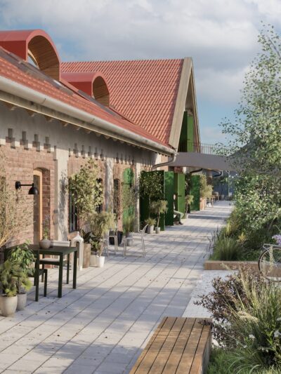 Bygg på én etasje med terrasse og beplantet areal. Illustrasjon.