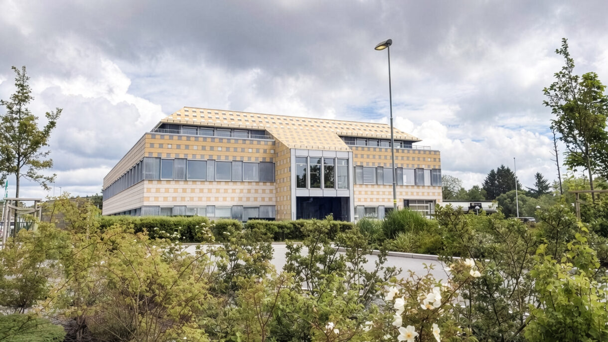 Nytt kontorbygg og beplantning. Foto