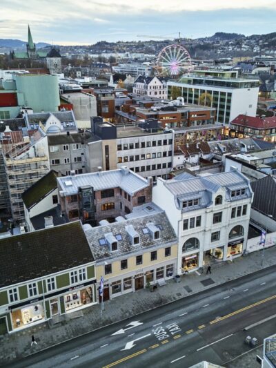 Fugleperspektiv av Midtbykvartalet i Trondheim