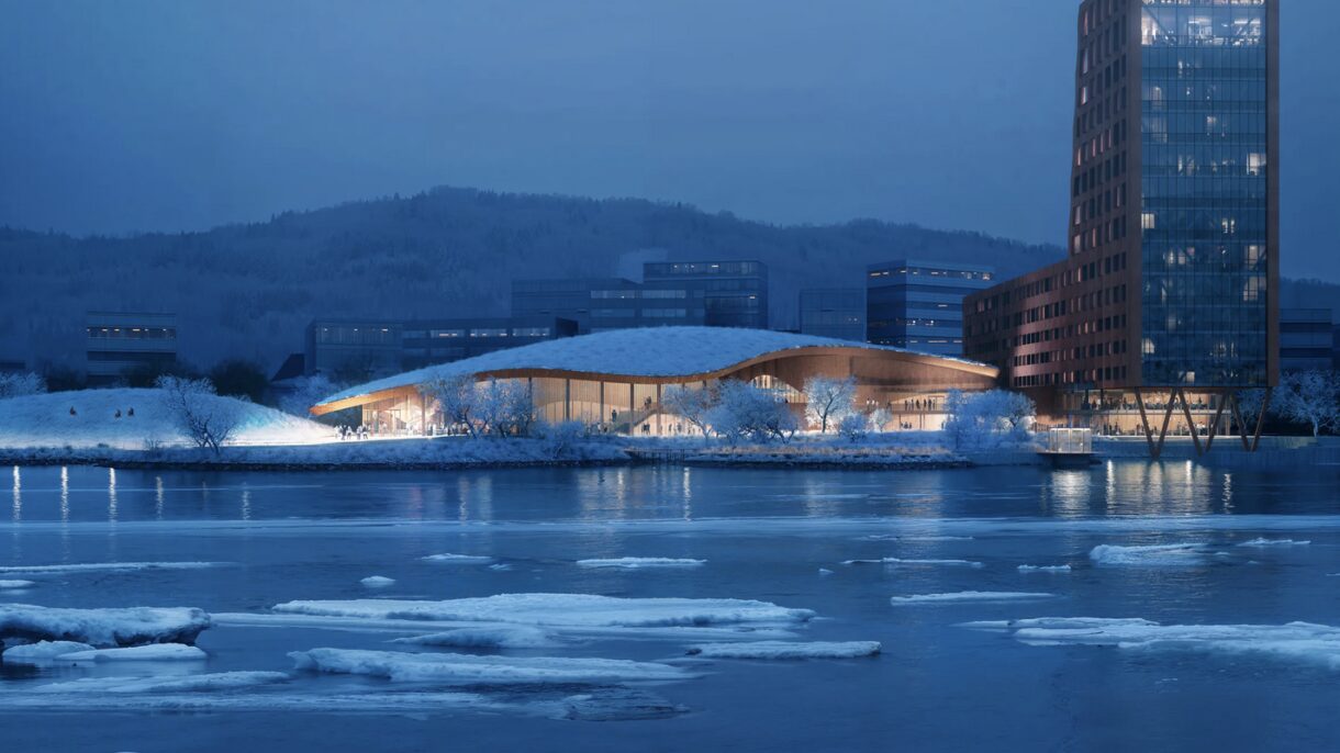 Bygg sett fra elv med isflak og med ås i bakgrunnen. Illustrasjon.