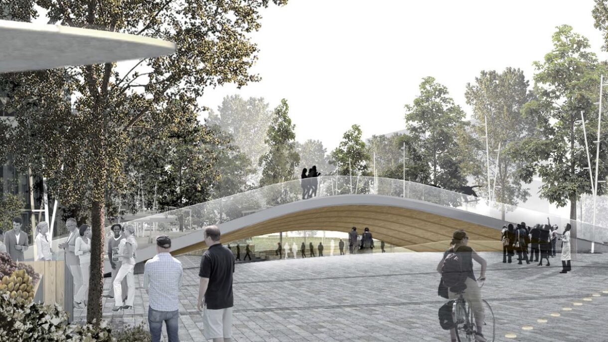 Plass med bro og mennesker som som går, sykler og henger. Illustrasjon.