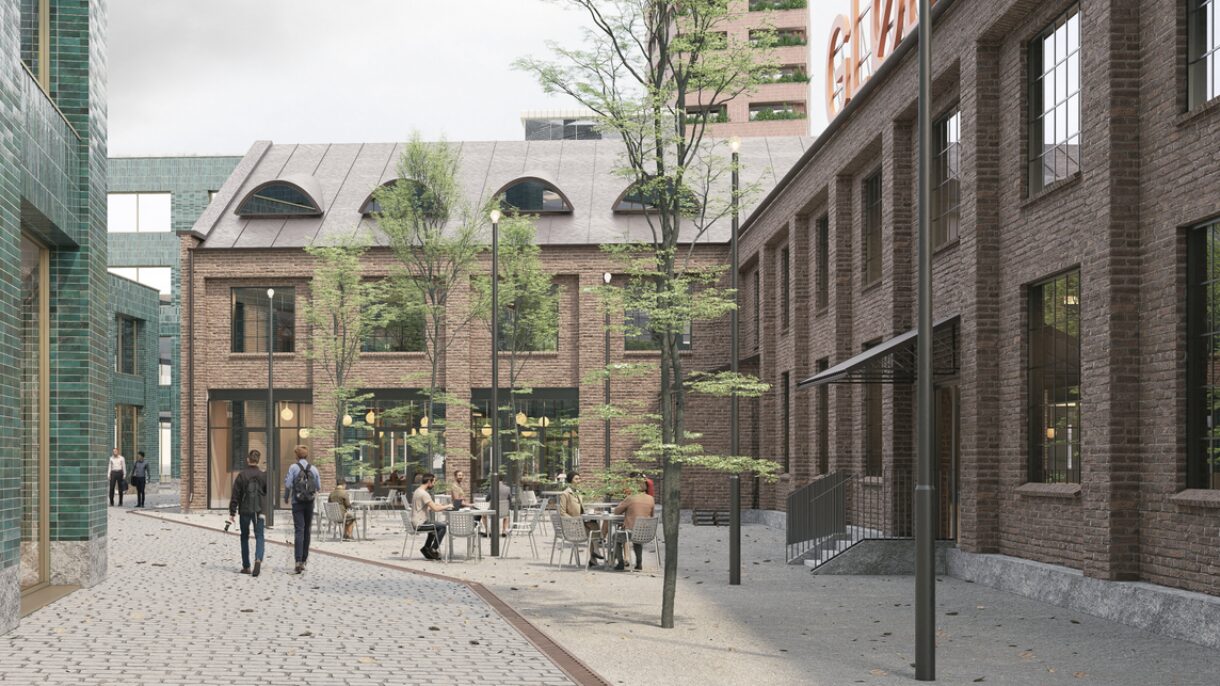 Torg med teglsteinsbygg. Illustrasjon.