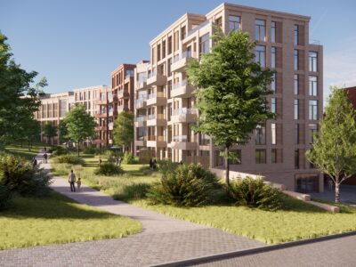 Bygg med beplantning rundt. Illustrasjon.