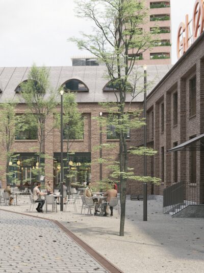 Torg med teglsteinsbygg. Illustrasjon.