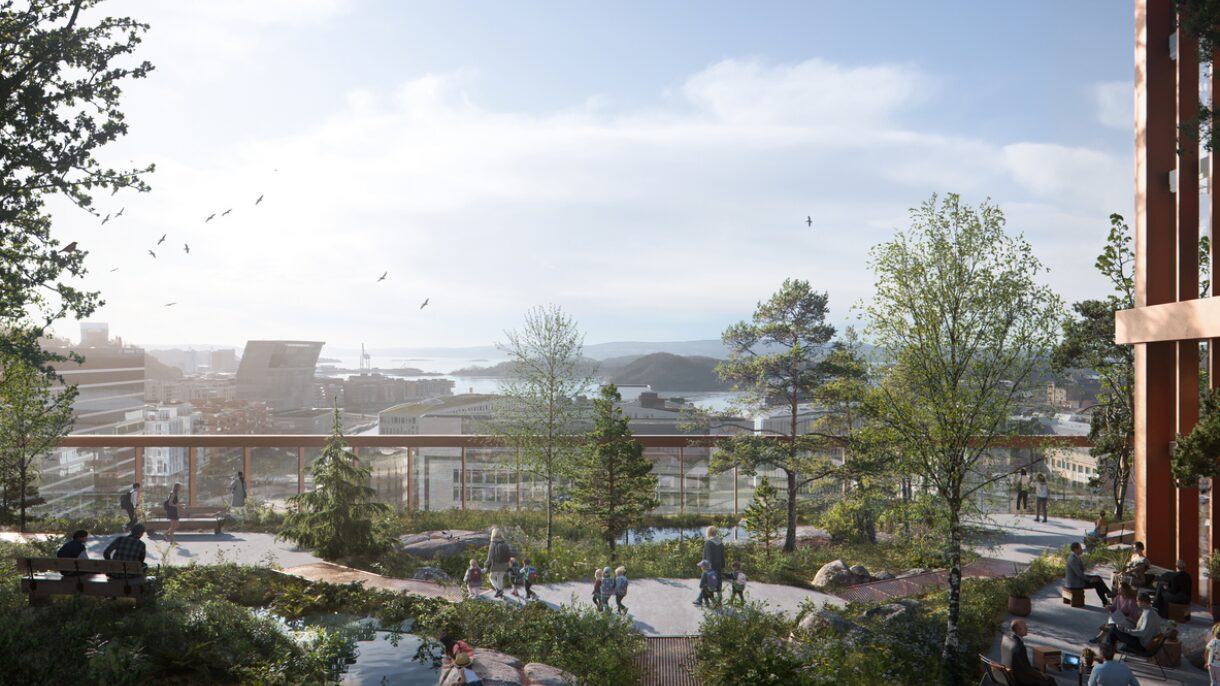 Under omvisningen blir det også besøk på taket, som per i dag er betydelig gråere enn på denne illustrasjonen. Ill.: Nordic - Office of Architecture/C.F. Møller/Rodeo arkitekter