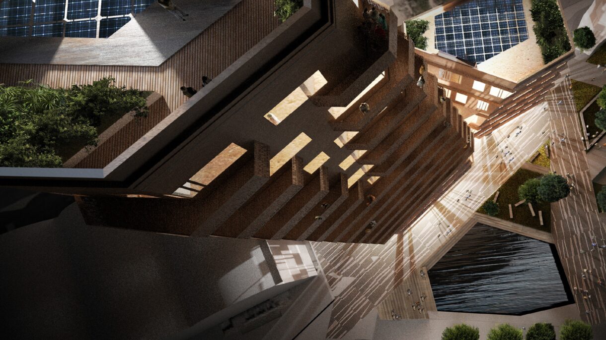 Gullhaug Torg 2A er planlagt som et kombinasjonsbygg med 0 kwh kjøpt energi til ventilasjon, oppvarming og kjøling. Utbygger: Avantor. Ill.: Snøhetta/MIR