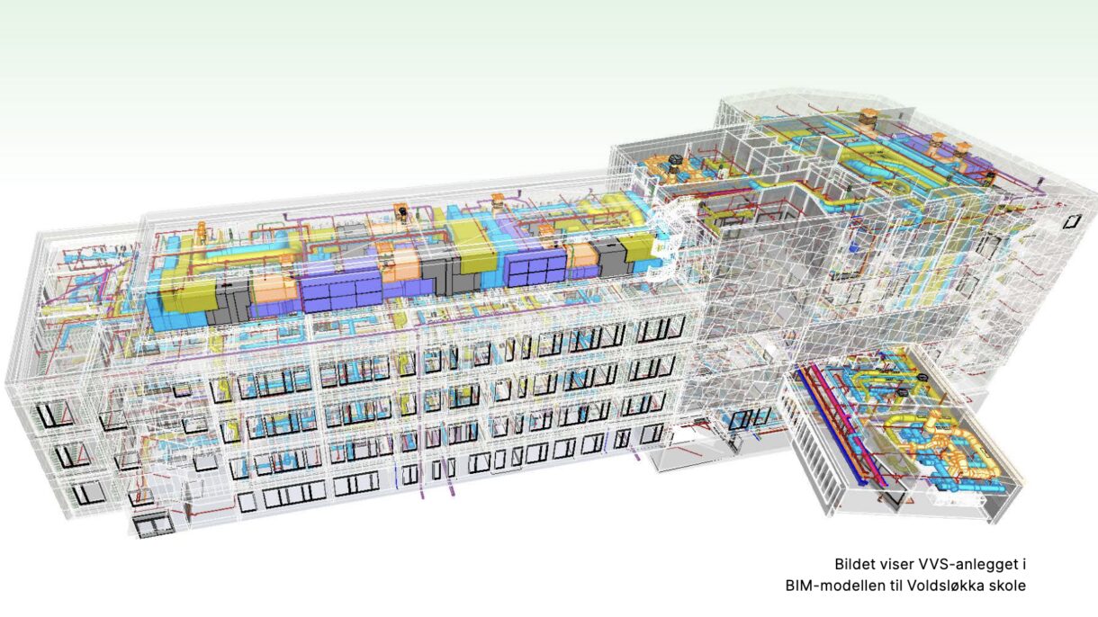 Bildet viser VVS-anlegget i BIM-modellen til Voldsløkka skole