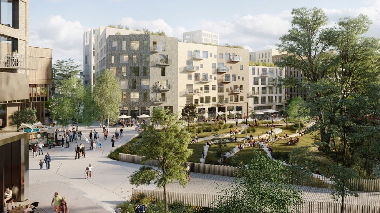 Mustad Eiendom har som mål at Lilleakerbyen skal bli en levende og grønn bydel med bilfrie gater preget av kultur, handel, aktiviteter og gode steder for opphold. Ill.: A-lab og LPO