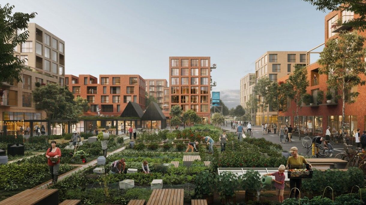 OBOS sitt prosjekt på Fornebu, som er et forbildeprosjekt i FutureBuilt, er blant det du får høre om på frokostmøtet. Ill.: Transborder Studio