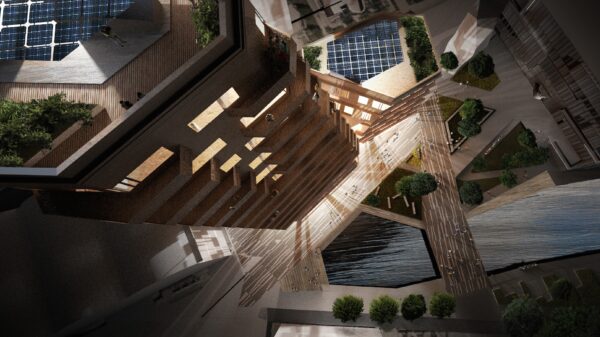 Gullhaug torg er et kombinasjonsbygg på 16 etasjer hvor kontordelen i bygget er planlagt med ren naturlig ventilasjon. Likefullt skal bygget nærme seg null-energi og ikke ha behov for kjøpt energi til verken ventilasjon, oppvarming eller kjøling. Utbygger: Avantor. Arkitekt: Snøhetta. Ill.: Snøhetta/MIR