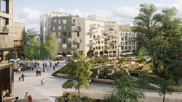 Mustad Eiendom har som mål at Lilleakerbyen skal bli en levende og grønn bydel med bilfrie gater preget av kultur, handel, aktiviteter og gode steder for opphold. Ill.: A-lab og LPO